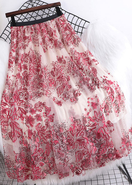 Vogue Red Sequins Embroideried High Waist Tulle Skirt Summer