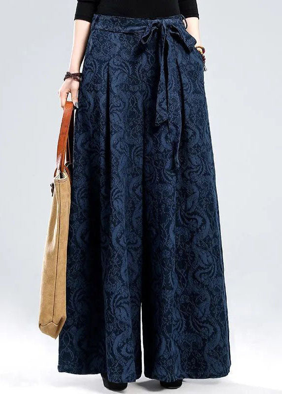 Blue Tie Waist Jacquard Linen Pants Winter