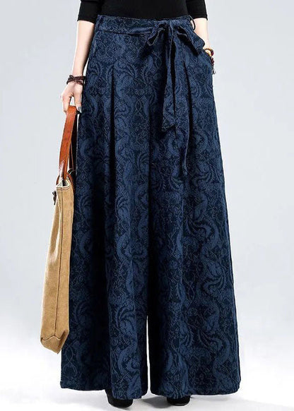 Blue Tie Waist Jacquard Linen Pants Winter