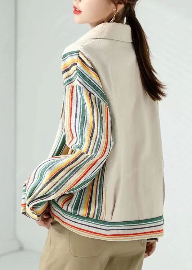 Beige Peter Pan Collar Pockets Striped Patchwork Cotton Coat Fall