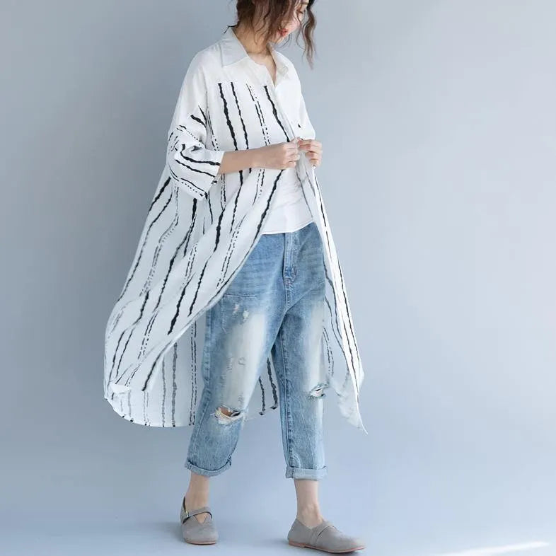 White Cotton Dress Clothing Dresses Bracelet Sleeved Patchwork Turn-down Collar Striped Cotton Dresses