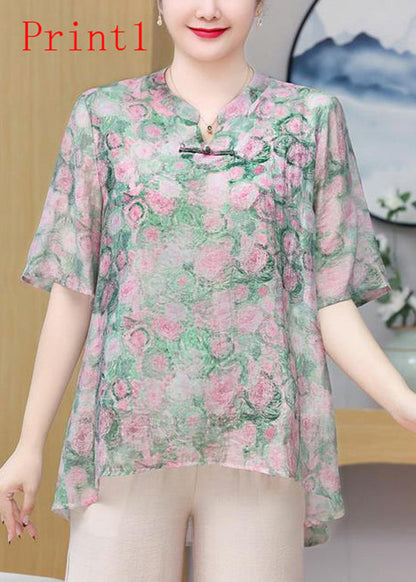 Print Oriental Button Chiffon Top Summer