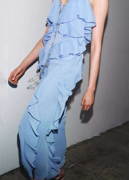 Blue V Neck Ruffled Chiffon Spaghetti Strap Dress Sleeveless