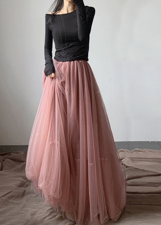 French Pink Asymmetrical Wrinkled Tulle Skirt Winter