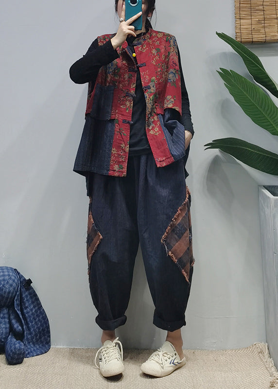 Red Stand Collar Chinese Button Patchwork Print Cotton Vest Sleeveless