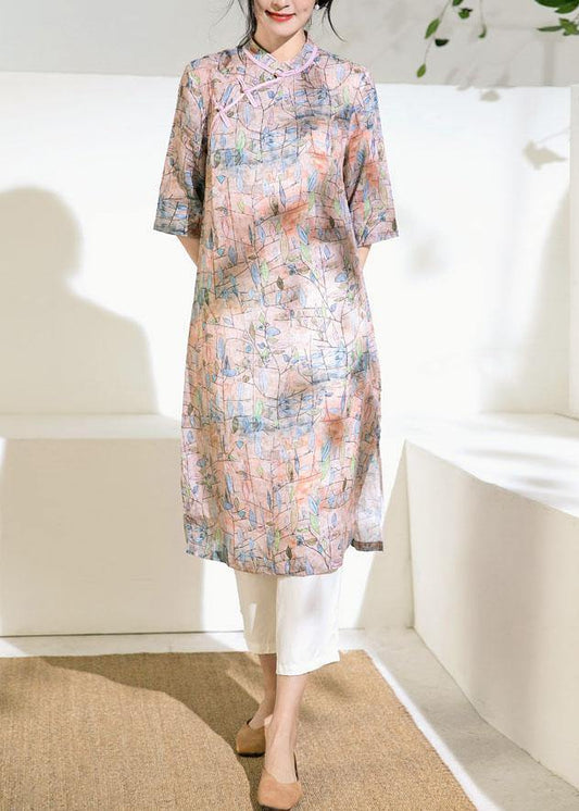 Art Stand Collar Half Sleeve Linen Clothes for Work Pink Print Dress