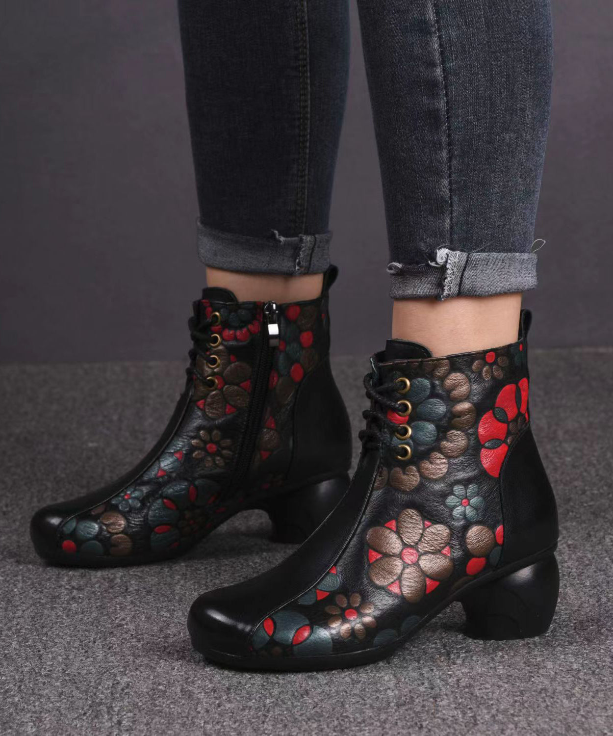 Black Boots Chunky Cowhide Leather Embossed Splicing