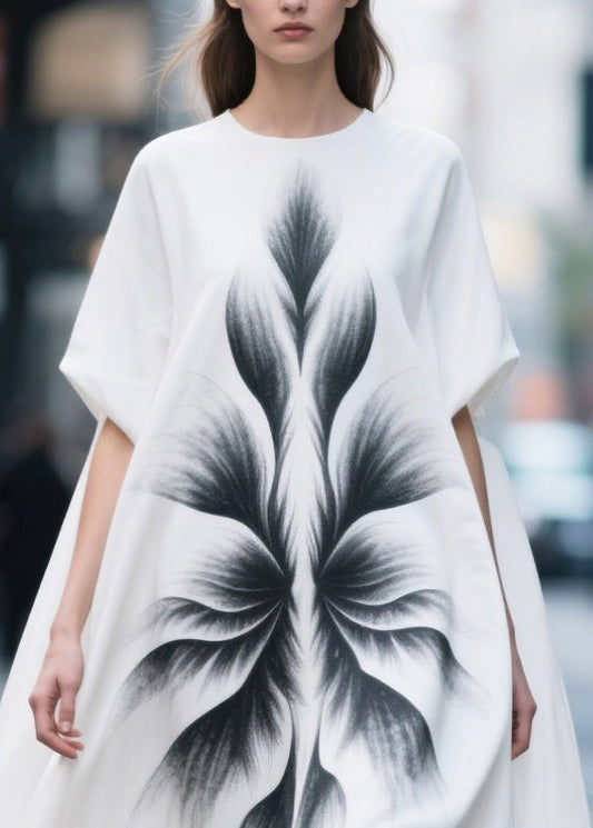 Simple White Oversized Print Chiffon Maxi Dress Summer