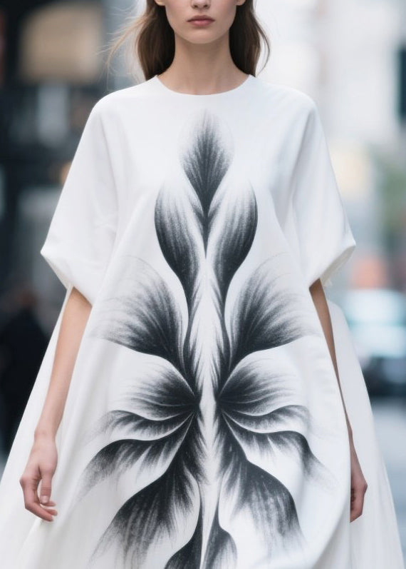 Simple White Oversized Print Chiffon Maxi Dress Summer
