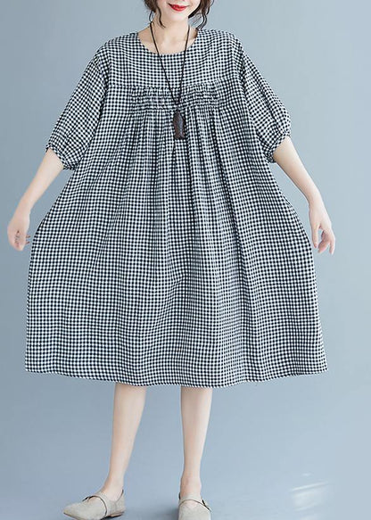 French O Neck Lantern Sleeve Clothes for Pattern Black Plaid Dresses Summer