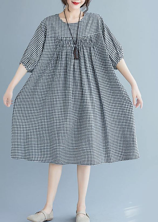 French O Neck Lantern Sleeve Clothes for Pattern Black Plaid Dresses Summer