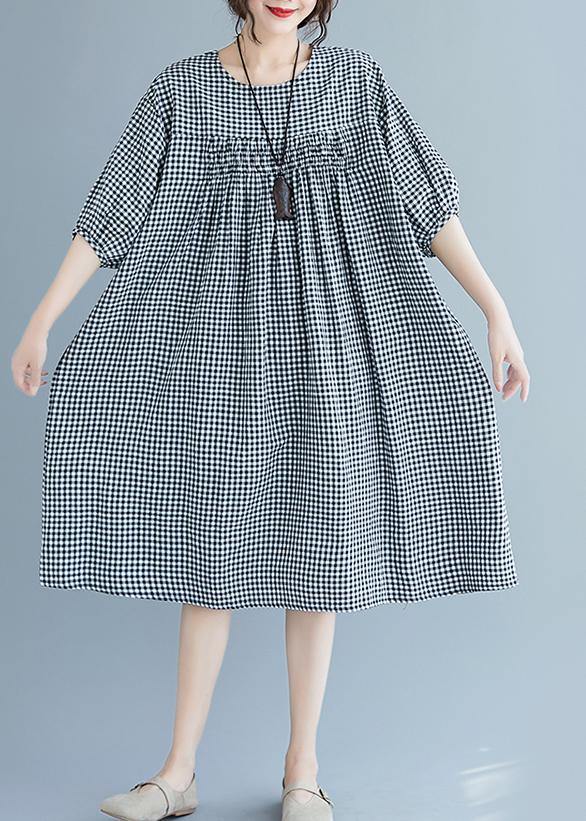 French O Neck Lantern Sleeve Clothes for Pattern Black Plaid Dresses Summer