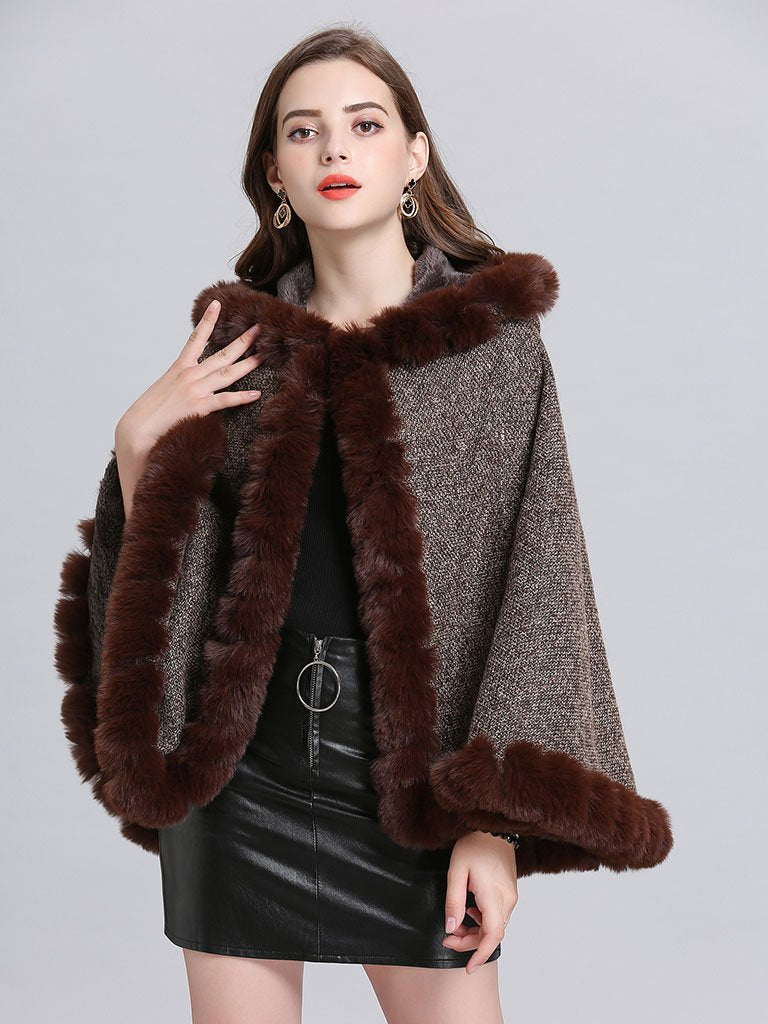 Hooded Winter Coat Faux Fur Long Sleeve Open Front Luxurious Cape Coat for