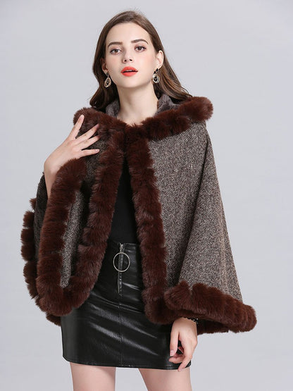 Hooded Winter Coat Faux Fur Long Sleeve Open Front Luxurious Cape Coat for