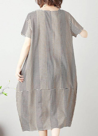 Light Khaki Striped Cotton Tunics for O Neck Patchwork Cotton Summer Dress
