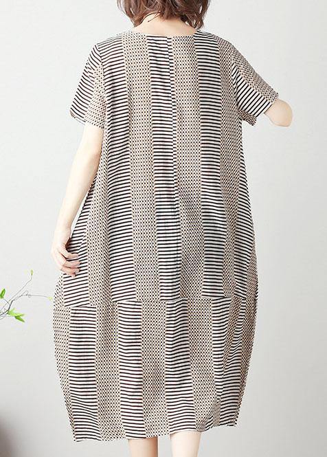 Light Khaki Striped Cotton Tunics for O Neck Patchwork Cotton Summer Dress
