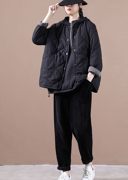 Art Black O-neck Oversized Fine Cotton Filled Coat Winter