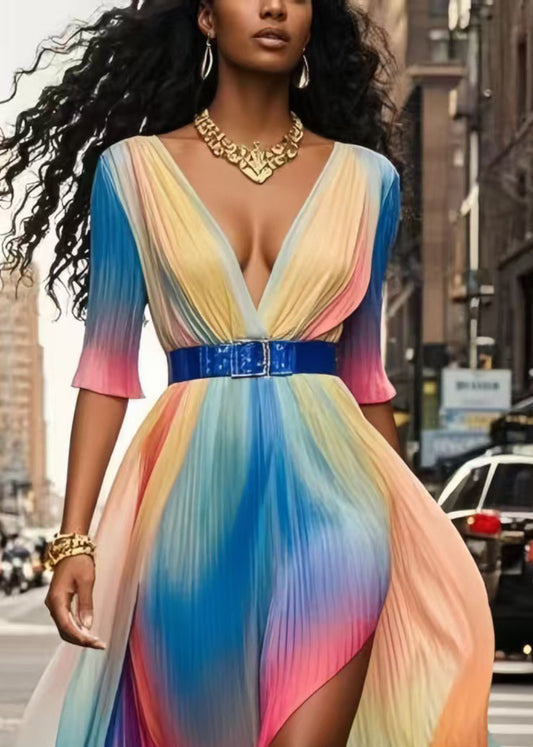 Rainbow Cinched Tie Dye Silk Pleated Dresses Summer