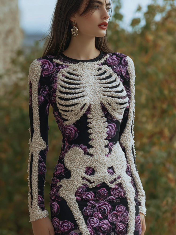 Comstylish Women's Vintage Halloween Skeleton Bones With Rose Art Cozy Knit Mini Sweater Dress