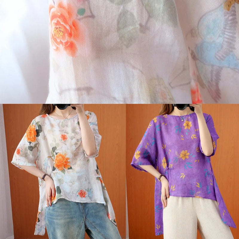French O Neck Asymmetric Summer Top Shirts Purple Print Top