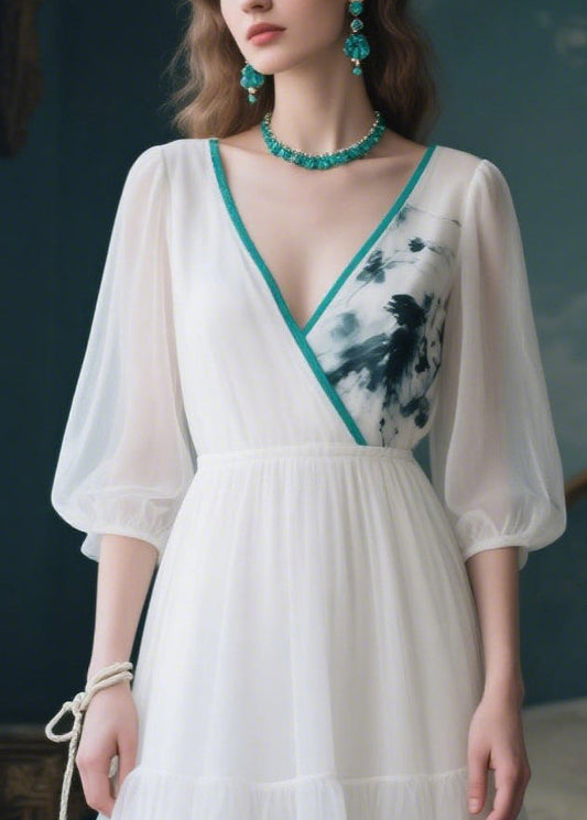 White V Neck Patchwork Tulle Maxi Dress Summer