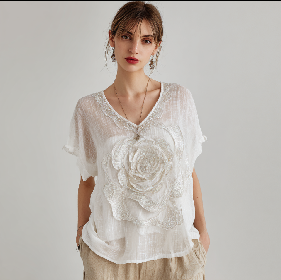 Bohemian Style Woman's V-neck White Rose Short-sleeved Shirt elevenforest