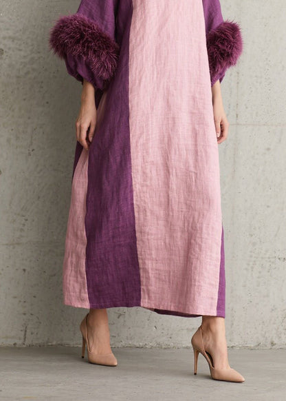 Colorblock Fuzzy Fur Patchwork Cotton Dresses Fall