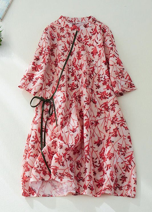 Diy Red Stand Collar Print Button Cotton Blend Holiday Cinch Dress Half Sleeve