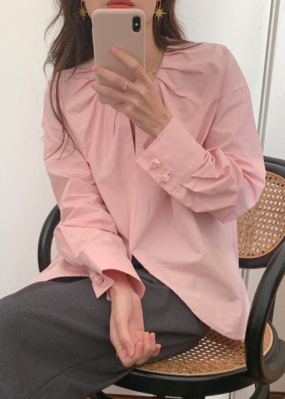 Pink O-neck Chinese Button Cotton Shirt Top Spring