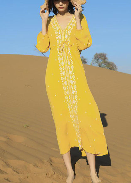 Yellow Embroidered Lace Up Cotton Long Dresses Bracelet Sleeve
