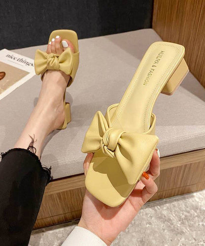 Bow Splicing Chunky Yellow Faux Leather Slide Sandals