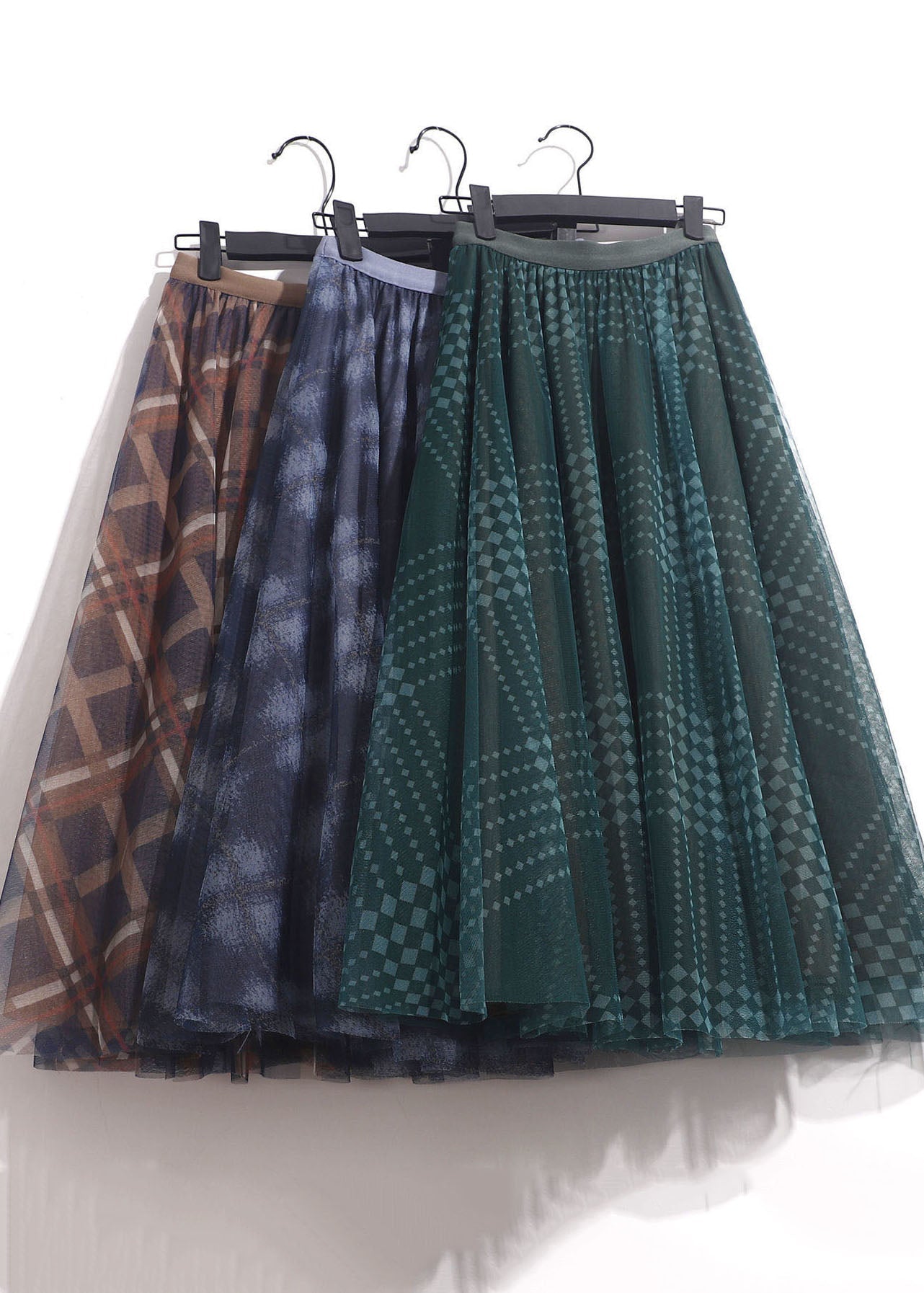 Chocolate Plaid Tulle a Line Skirt High Waist Spring