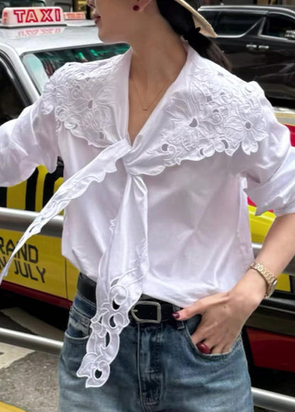 Boutique White Hollow Out Embroidered Lace Up Cotton Top Fall