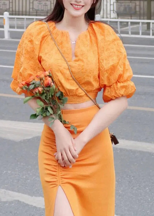 Art Orange V Neck Print Top and Skirts Two Pieces Set Lantern Sleeve