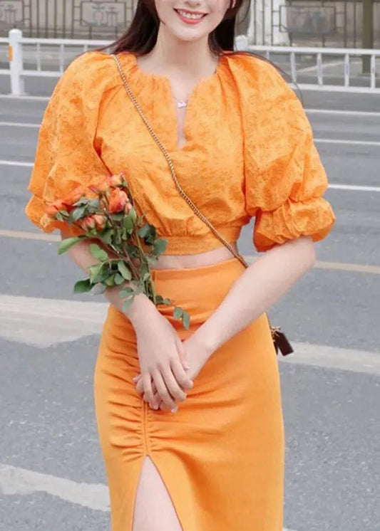Art Orange V Neck Print Top and Skirts Two Pieces Set Lantern Sleeve