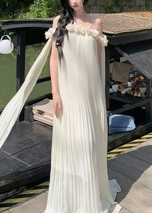 Beige Slash Neck Chiffon Maxi Dresses Summer