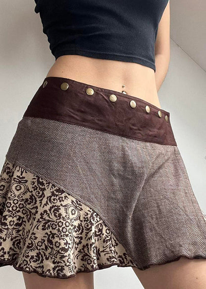 Brown Asymmetrical Print Rivet Patchwork Cotton Skirts Fall