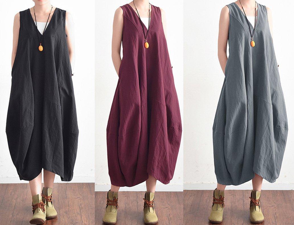 Summer V Neck Cotton Linen Long Dress Baggy Lace Up Backless