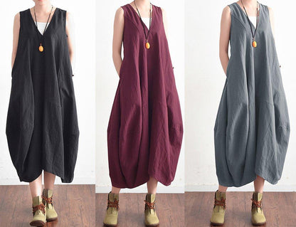 Summer V Neck Cotton Linen Long Dress Baggy Lace Up Backless