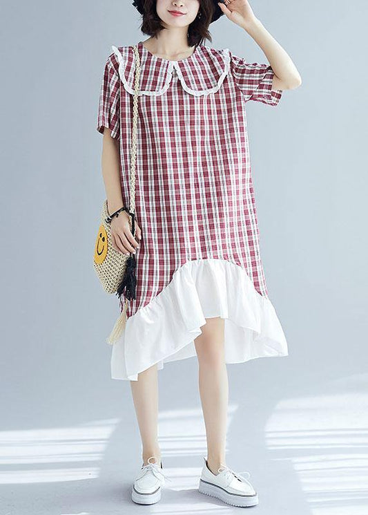 Patchwork Linen Clothes for Sleeve Red Plaid Dress Summer