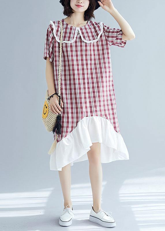 Patchwork Linen Clothes for Sleeve Red Plaid Dress Summer