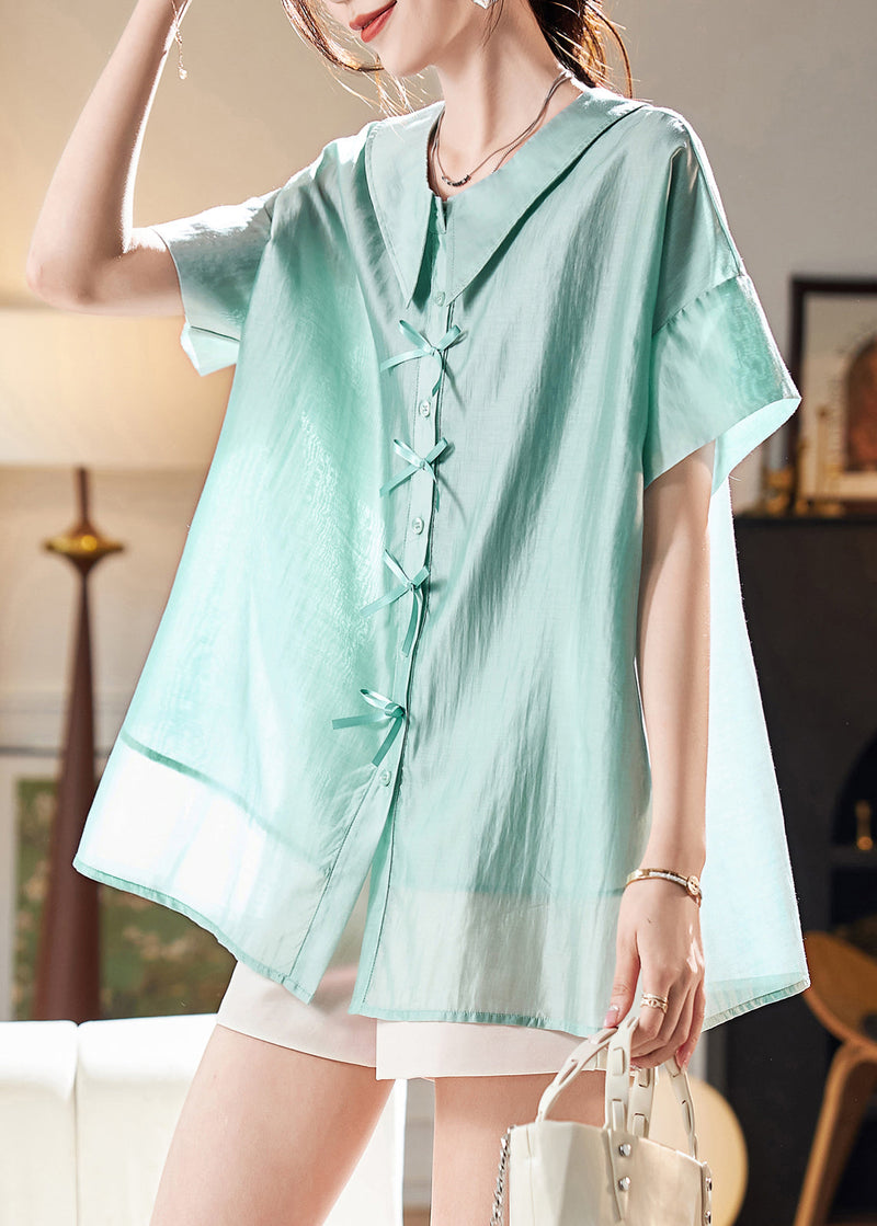Green Peter Pan Collar Bow Chiffon Blouses Batwing Sleeve