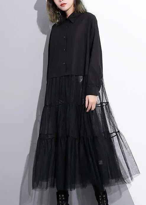 Modern Black Cotton Patchwork Tulle Fine Runway Lapel False Two Pieces Cotton Summer Dresses
