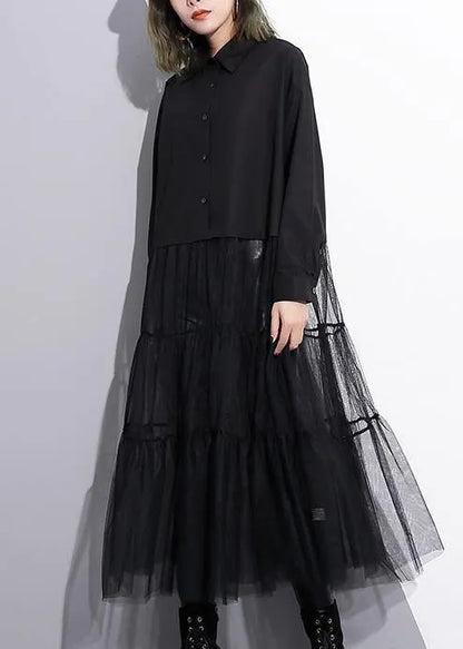 Modern Black Cotton Patchwork Tulle Fine Runway Lapel False Two Pieces Cotton Summer Dresses