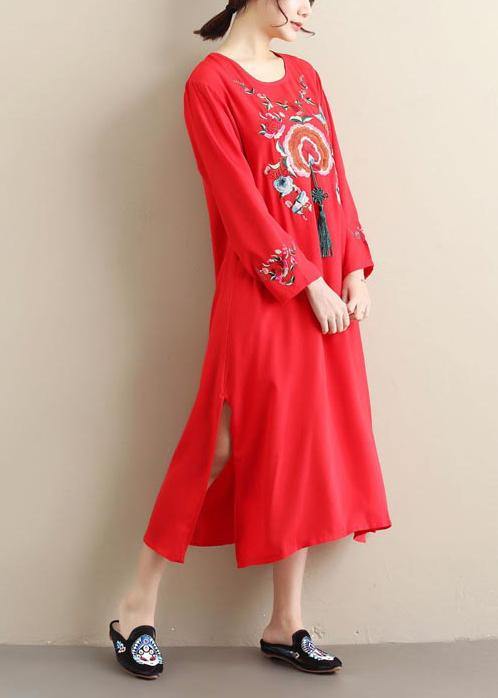 O Neck Tassel Tunics Outfits Red Embroidery a Line Dresses