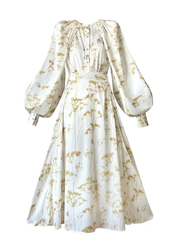 Classy White O-neck Print Silk Chiffon Top and Skirts Two Pieces Set Fall