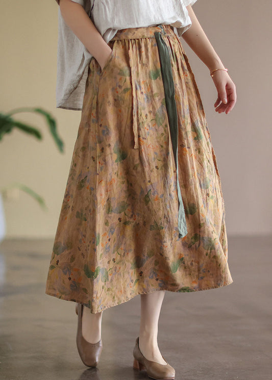 Khaki Elastic Waist Print Linen Skirt Spring