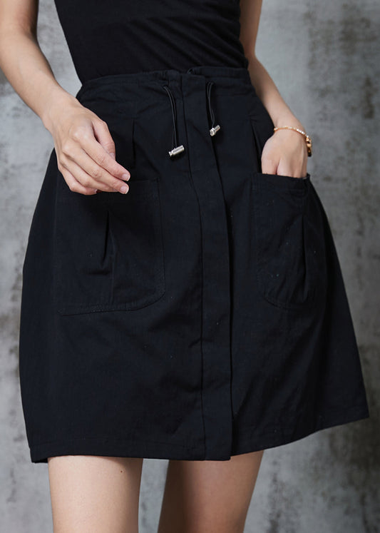 Black Drawstring Cotton a Line Skirt Summer