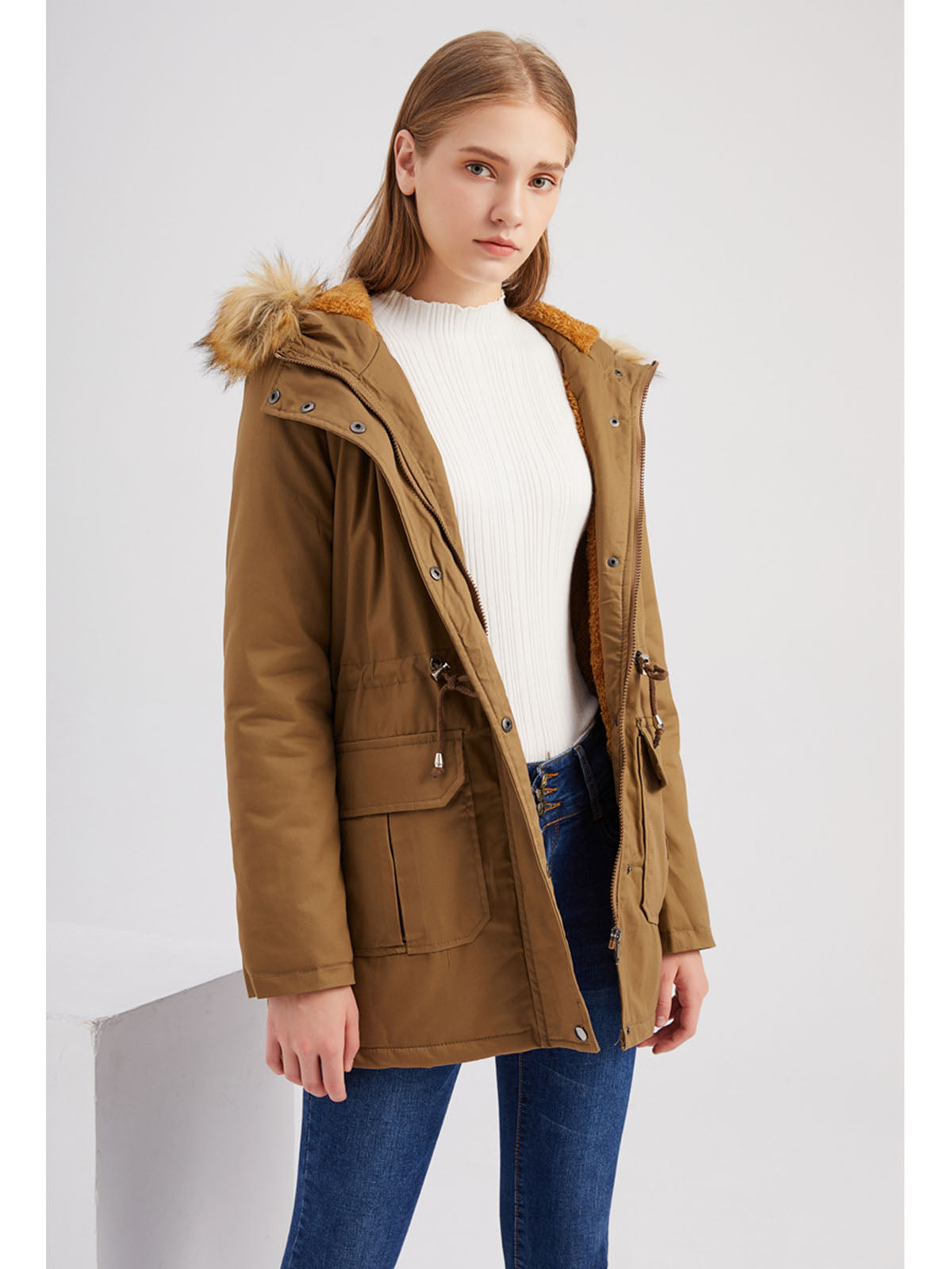 Coat Street Daily Winter Plush Long Coat Color Oversized Fur Warm Coat