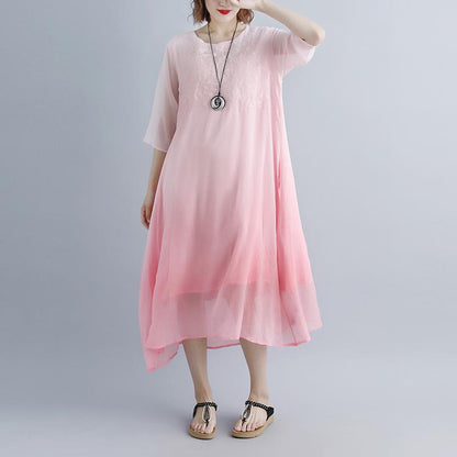 Fine Cotton Dresses Fake Two-piece Pockets Retro Pink Summer Dress